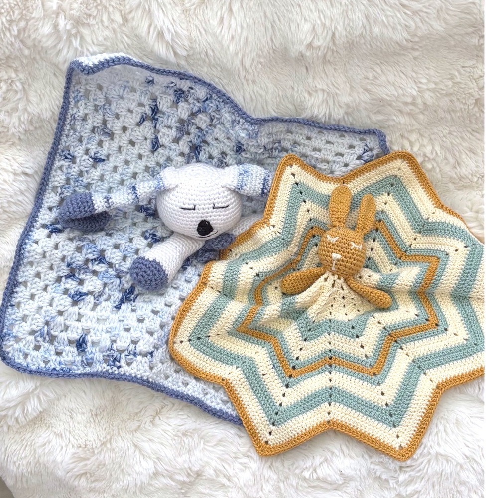 Handmade Crochet Baby Lovey Blanket Bundle Bunny & Puppy Security Blankets Soft